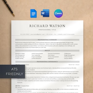 Könnte beinhalten: Eine professionelle Lebenslaufvorlage mit dem Namen Richard Watson, einem Berufstitel, Kontaktinformationen sowie Abschnitten für Zusammenfassung, Fähigkeiten und Erfahrung, inklusive eines dunkelgrauen Feldes mit der Aufschrift ATS FRIENDLY.