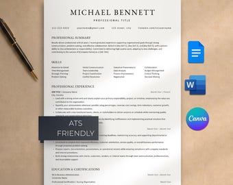 May include: A professional resume template for Michael Bennett featuring sections for professional summary, skills, experience, and education. The document includes a black pen and icons for Google Docs, Microsoft Word, and Canva, with the text ATS FRIENDLY.