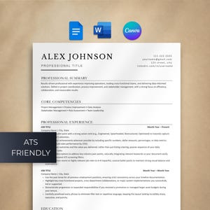 May include: A professional resume template featuring a clean white layout with black text, including sections for professional summary, core competencies, and experience. The document displays the name Alex Johnson and includes an ATS friendly label.