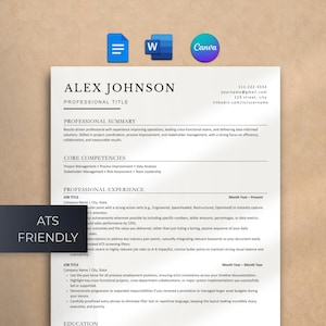 ATS Resume Template, Word Resume Template, Google Docs Resume, Canva CV Template, Cover Letter, References, 1 & 2 Page Resume