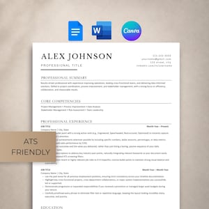 May include: A professional CV template featuring a clean white layout with black text, including sections for professional summary, core competencies, and experience. A tan rectangular overlay on the left displays the text ATS FRIENDLY.