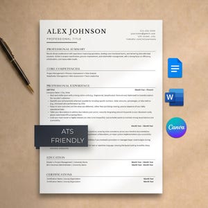 May include: A professional resume template on white paper with black text, featuring sections for professional summary, core competencies, experience, education, and certifications. A black pen lies to the left, and icons for Google Docs, Word, and Canva appear on the right.