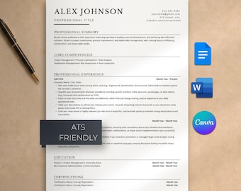 May include: A professional resume template on white paper with black text, featuring sections for professional summary, core competencies, experience, education, and certifications. A black pen lies to the left, and icons for Google Docs, Word, and Canva appear on the right.