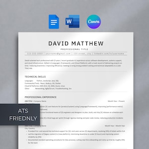 May include: A white resume template featuring black text with sections for contact information, technical skills, and professional experience. The document includes placeholders for personal details and job history, with icons for Google Docs, Word, and Canva.