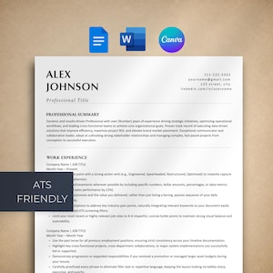 May include: A professional resume template featuring a clean, black and white layout with sections for contact information, professional summary, and work experience. The document includes placeholder text and a dark overlay labeled ATS FRIENDLY.
