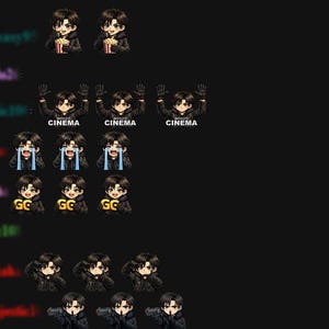 K&ouml;nnte beinhalten: Eine Sammlung von digitalen Kunst-Emotes im Anime-Stil. Die Emotes zeigen eine Person mit schwarzen Haaren in verschiedenen Posen, darunter das Halten von Popcorn, das Heben der Arme mit dem Wort "CINEMA", Weinen und das Halten eines "GC"-Zeichens.