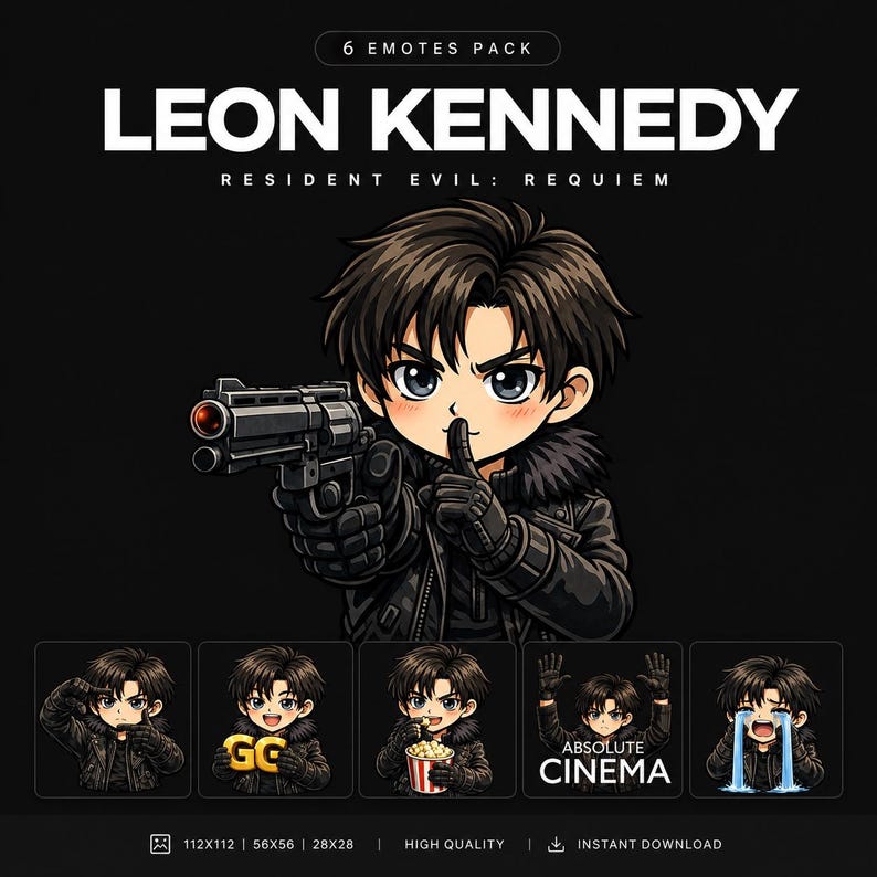 K&ouml;nnte beinhalten: Ein digitales Kunstpaket mit sechs Emotes von Leon Kennedy aus Resident Evil: Requiem. Das Hauptbild zeigt eine Cartoonfigur, die eine Waffe h&auml;lt und einen Finger an den Lippen hat. Das Paket enth&auml;lt verschiedene Ausdr&uuml;cke und Posen, mit dem Text "LEON KENNEDY" und "RESIDENT EVIL: REQUIEM".
