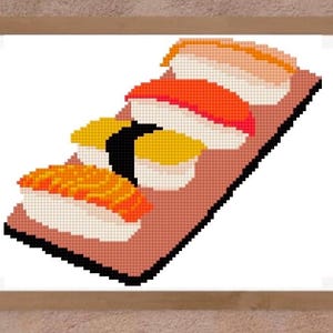 May include: A framed pixel art print featuring a selection of sushi on a wooden serving board. The sushi includes pieces with orange, yellow, and white toppings, arranged diagonally. The frame is a light brown color.