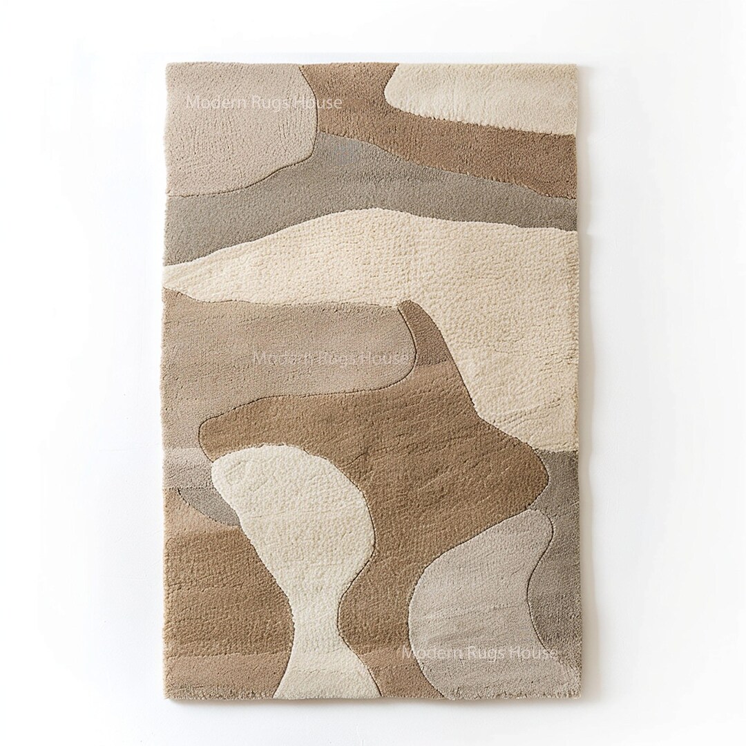 Abstract Earth Tone Hand Tufted Wool Rug Organic Beige Modern ...