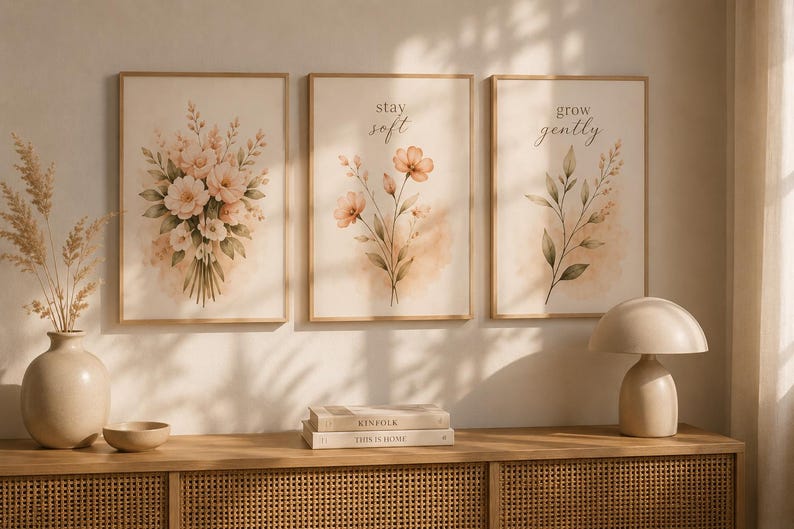 Botanical Wall Art Set of 3 Printable | Neutral Beige Floral Prints ...