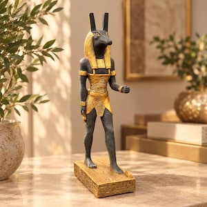 Könnte beinhalten: Eine stehende Statue der ägyptischen Gottheit Anubis mit schwarzem Schakalkopf und Körper sowie goldfarbenen Akzenten an Kopfschmuck, Kragen, Brustplatte, Armbändern und Rock. Die Figur ist auf einem rechteckigen Sockel mit Hieroglyphen montiert.