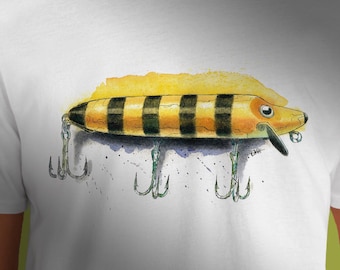 Vintage Bumble Bee Lure Graphic Tee, Striped Jerkbait Fishing Shirt, Custom Bass Fisherman Apparel, Watercolor Bait Art, Angler Gift