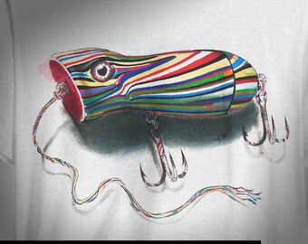 Vintage Striped Popper Lure Graphic Tee, Topwater Racing Fishing Shirt, Custom Bass Fisherman Apparel, Watercolor Bait Art, Angler Gift