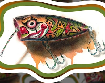 Clown Popper Fishing Lure Sticker – Hand Drawn Custom Topwater Lure Vinyl Decal for Yeti Cooler, Tackle Box, Truck Window & Skate Deck