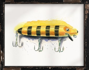 Bumble Bee Fine Art Print, Vintage Fishing Lure Watercolor Poster, Rustic Nautical Wall Decor, Angler Gift, Battle Lures Collection