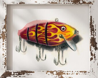 Spitfire Fine Art Print, Hot Rod Flame Fishing Lure Watercolor Poster, Vintage Tackle Wall Decor, Angler Gift, Battle Lures Collection