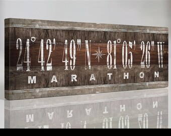 Custom Coordinates Wall Art | Marathon Florida Keys Sign | Nautical Latitude Longitude Canvas | Weathered Dark Wood Decor