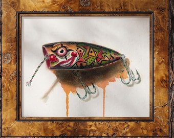 The Clown Fine Art Print, Vintage Fishing Lure Watercolor fine art print, Rustic Nautical Wall Decor, fishing gift ideas,