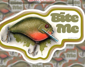 Piranha Fishing Lure Sticker | Bite Me Tackle Box Decal | Fisherman Gift | Funny Fishing Cooler Sticker | Bass Lure Graphic