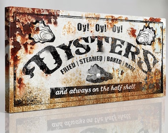 Vintage Oyster Sign Canvas Wall Art | Rustic Seafood Bar Decor | Distressed Metal Look Coastal Sign | Raw Bar Patio Decor