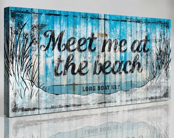 Meet Me at the Beach Wall Art | Vintage Long Boat Key Sign | Coastal Canvas | Large Panoramic Beach House Decor | Sea Oats Art