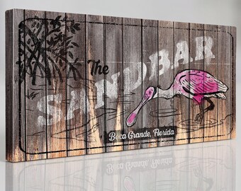 Roseate Spoonbill Beach Bar Canvas | Vintage Roseate Spoonbill Art | Boca Grande Driftwood Sign | Bird Wall Decor | Sun Bleached Canvas Art