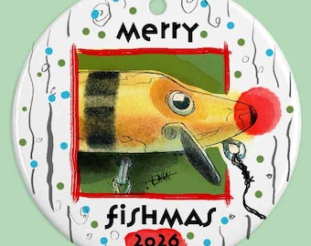 Merry Fishmas 2026 Rudolph Lure Keepsake, Bumble Bee Tackle Tree Bauble, Funny Angler Holiday Decor, Fishing Humor
