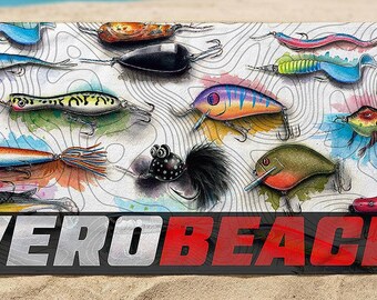 Personalizable Vero Beach Florida Beach Towel | Personalized Fishing Lure Art Extra Large 36x72 | Geesh Designs Battle Lures | Free Shipping