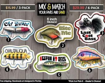 Fishing Sticker Bundle • Mix & Match Lure Decals • Custom 3 Pack or 6 Pack • Tackle Box Stickers • Vintage Bass Fishing Art • Fisherman Gift