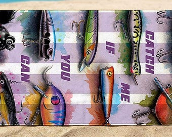 Personalized Catch Me If You Can Fishing Towel | Custom Fisherman Gift | Vintage Lure Beach Towel | Bass Fishing Decor | Boat Name Towel