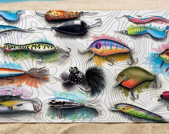 Vintage Fishing Lures Beach Towel | Fisherman Gift for Him | Bass Fishing Decor | 36x72 Oversized Premium Pool Towel | Lake House Accessory