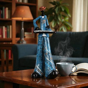 May include: A decorative figurine of a musician playing a keyboard. The figure is dressed in blue trousers and a matching jacket with decorative patterns. The musician wears a brown hat and black shoes. The figurine is on a wooden table.