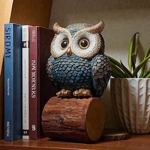 Könnte beinhalten: Detaillierte Eulenfigur mit blauen und goldenen Akzenten, die auf einem Holzstamm sitzt. Die Eule hat große, ausdrucksstarke Augen und steht auf einem Regal neben Büchern und einer Topfpflanze. Ein dekoratives Wohnaccessoire.