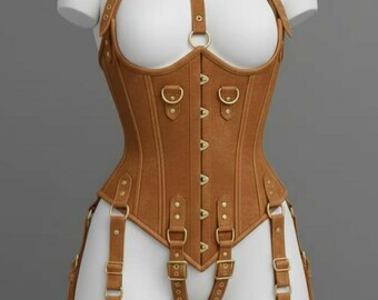 Beige Wildleder Steampunk Korsett Set - Ganzkörper Harness mit Halskragen & Oberschenkel Strapshalter - Gothic Fantasy Ranger Rüstung
