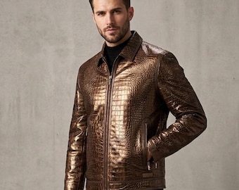 Krokodillederjacke aus Metallic Bronze für Herren, Alligator Bomber mit Prägung