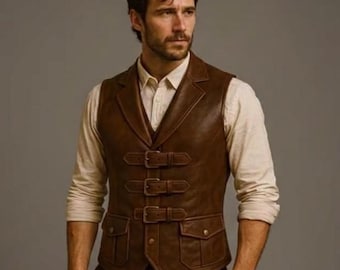 Braune Herren Leder Steampunk Weste: Schnallenweste, Gothic Pirat Kostüm