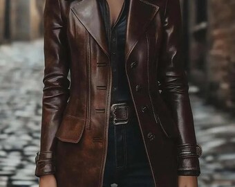 Handgefertigte Damen Vintage Brown Distressed Echtleder Lange Jacke Mantel für alle Jahreszeiten.