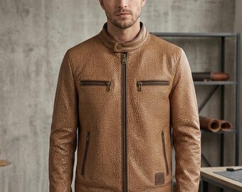Men’s Tan Textured Leather Jacket | Vintage Cafe Racer Style | Slim Fit Biker Jacket