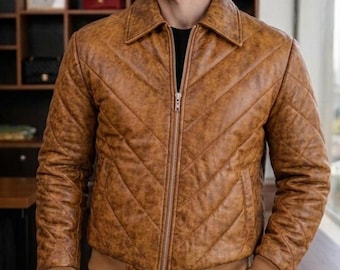 Herren Vintage Brown Gesteppte Leder Bomberjacke, Distressed Chevron Gepolsterter Bikermantel