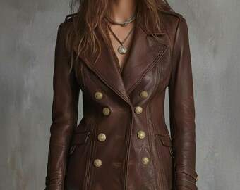 Damen Echte Lammfell Lederjacke Zweireihiger Brauner Vintage Mantel mit Goldknöpfen