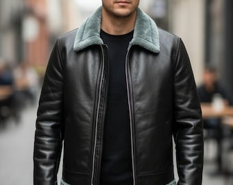 Schwarze Leder-Fliegerjacke für Herren - Grüne Lammfell-Bomber B3-Fliegerjacke