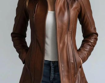 Veste vintage en cuir véritable à col montant pour femmes
