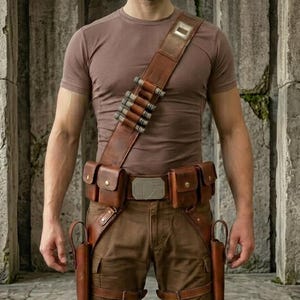 K&ouml;nnte beinhalten: Ein braunes T-Shirt kombiniert mit einem braunen Leder-G&uuml;rtelsystem, das einen Schulterriemen mit Metallzylindern, mehrere Aufbewahrungstaschen, eine zentrale rechteckige Schnalle und zwei seitliche Holster an den Oberschenkeln umfasst.