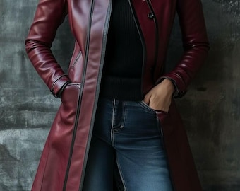 Handgefertigte Vintage Distressed Burgund Lammfell Ledermantel Damen Lange Echtleder Trenchjacke.
