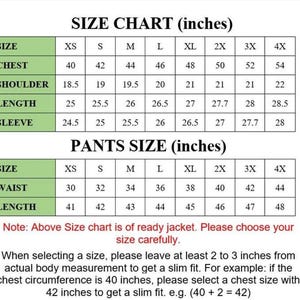 May include: A size chart in inches for jackets and trousers. The chart includes measurements for chest, shoulder, length, sleeve, waist, and length, with sizes ranging from XS to 4X. The text advises to choose size carefully.