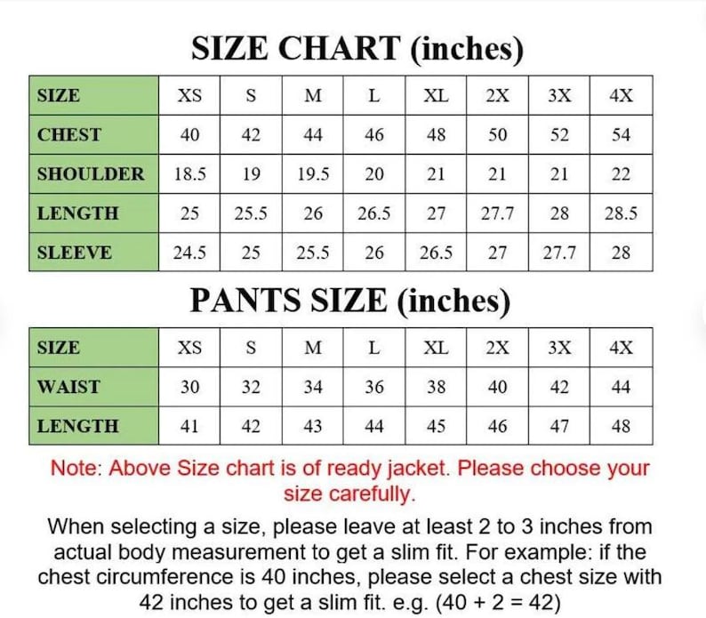 May include: A size chart in inches for jackets and trousers. The chart includes measurements for chest, shoulder, length, sleeve, waist, and length, with sizes ranging from XS to 4X. The text advises to choose size carefully.