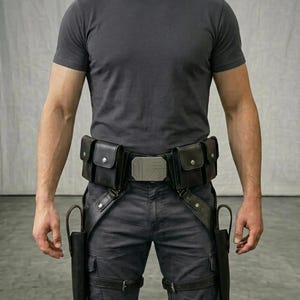 K&ouml;nnte beinhalten: Ein schwarzer Utility-G&uuml;rtel mit zwei Seitentaschen mit silbernen Druckkn&ouml;pfen, einer zentralen rechteckigen Schnalle mit geometrischen Details und zwei vertikalen Holstern an Beingurten, getragen &uuml;ber einem dunkelgrauen T-Shirt und einer dunkelgrauen Hose.