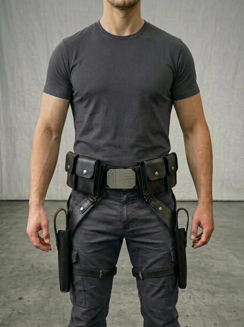 K&ouml;nnte beinhalten: Ein schwarzer Utility-G&uuml;rtel mit zwei Seitentaschen mit silbernen Druckkn&ouml;pfen, einer zentralen rechteckigen Schnalle mit geometrischen Details und zwei vertikalen Holstern an Beingurten, getragen &uuml;ber einem dunkelgrauen T-Shirt und einer dunkelgrauen Hose.
