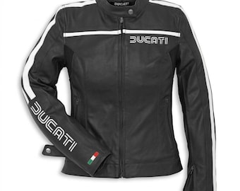 Ducati 80er Jahre Damen Motorradjacke - Schwarz & Weiß | Retro Rindsleder | CE Gepanzerte Rennausrüstung