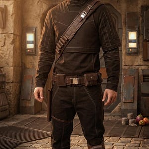 May include: Brown costume with a high collar, long sleeves, and a matching belt. The outfit features white stitching details and a leather shoulder strap with pouches. The trousers have knee pads and a holster. Ideal for cosplay or costume events.